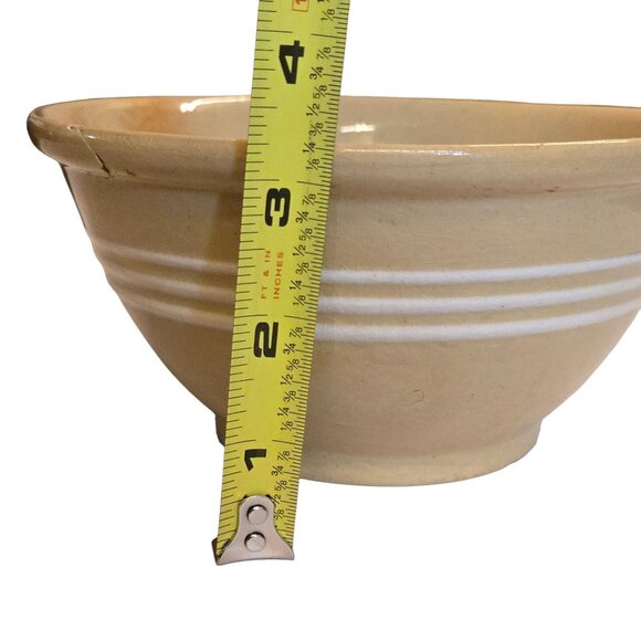 Vintage Yellow Ware Mixing Bowl 3 White Bands Stripes Farmhouse AS IS - Picture 2 of 16